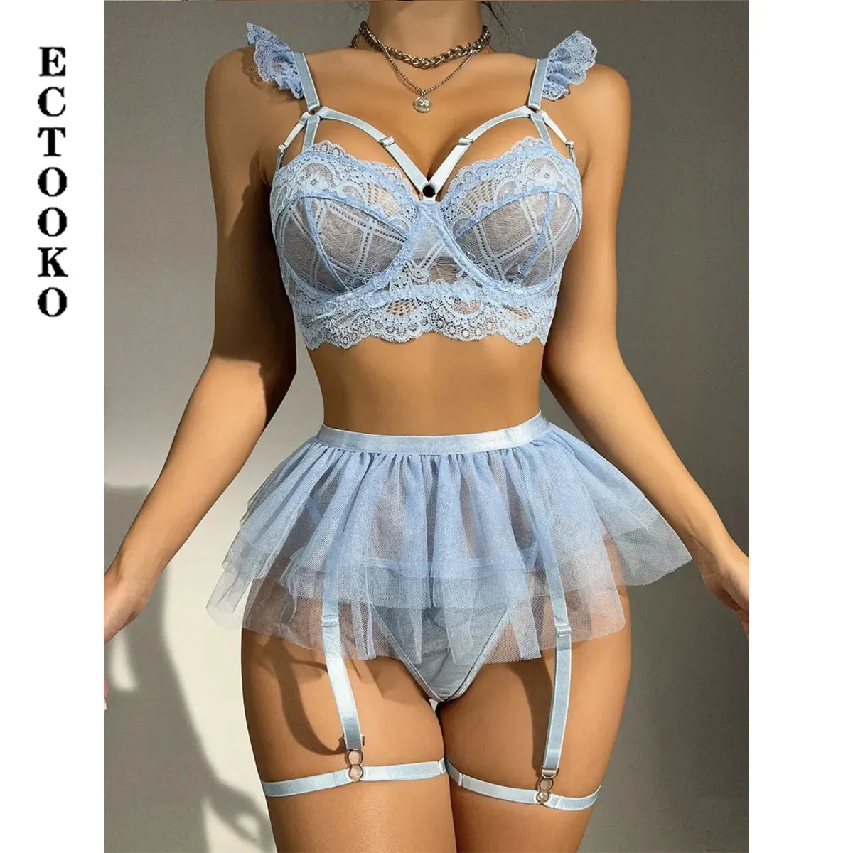 Sexig uppsättning Ectooko Erotic Three Point strumpor broderad underkläderpaket Push Up Seamless Underwear Sissy Tulle Exotic Set 231129