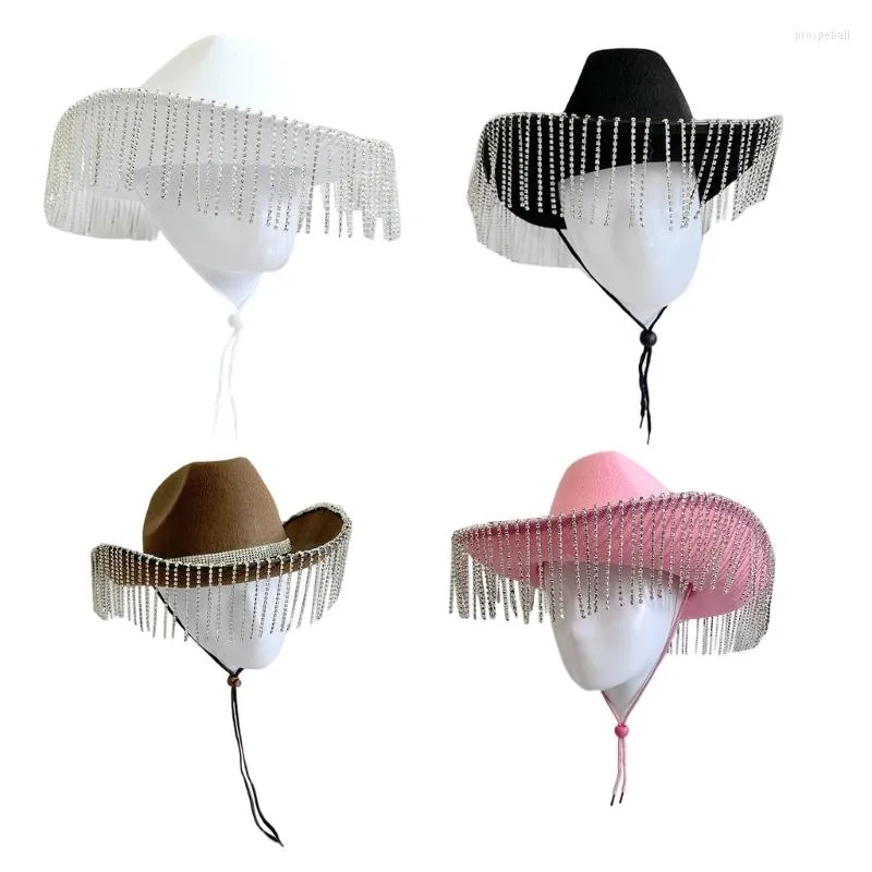 Berets Shimmering Cowgirl Hat White With Glistening Tassels Wedding Bridal Shower Crystal Bride To Be Gift Wholesale