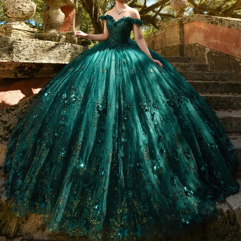 Smaragdgrünes, glänzendes Ballkleid-Quinceanera-Kleid, schulterfrei, Spitze, 3D-Blumen, Perlen, süßes 16-Kleid, Schnürung, Vestidos de 15 Jahre