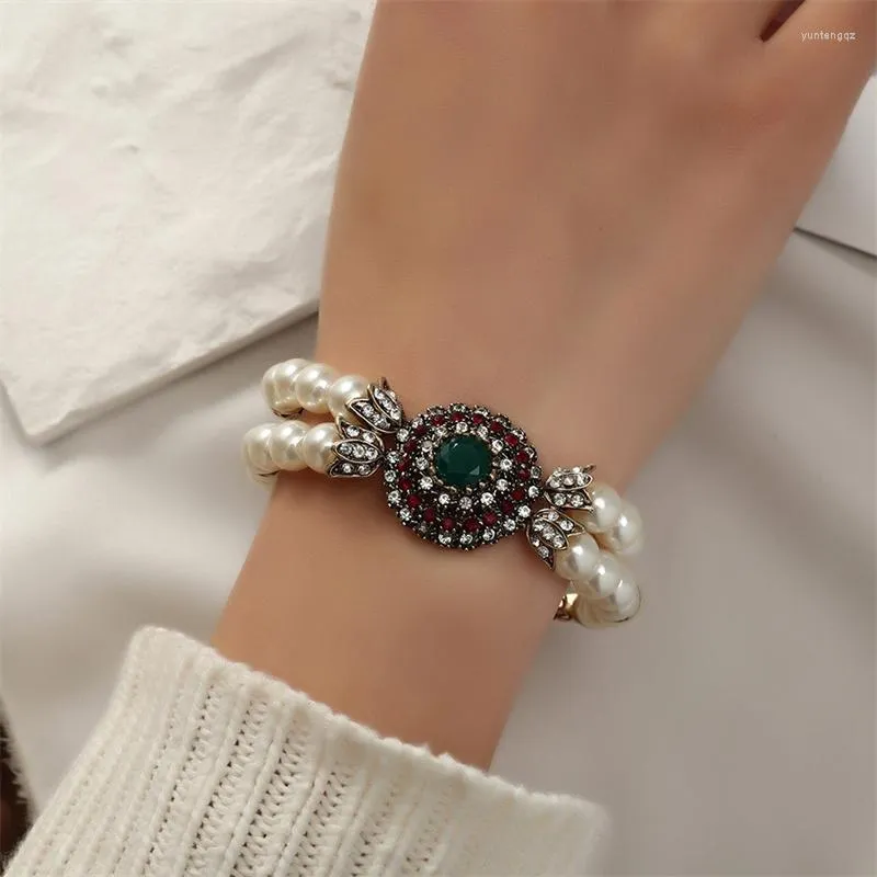 チャームブレスレット1pcseuropean and American Handmade Jewelry Fashion Red Green Vintage Luxury Pearl Bracelet