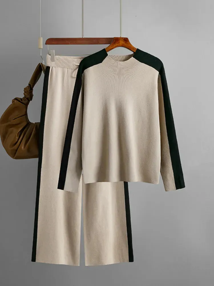 Женские брюки-двойки, комплект из 2 женских курток на осень-зиму, вязаные клетчатые свитера с высоким воротником, соответствующие комплекты брюк, одежда 231129
