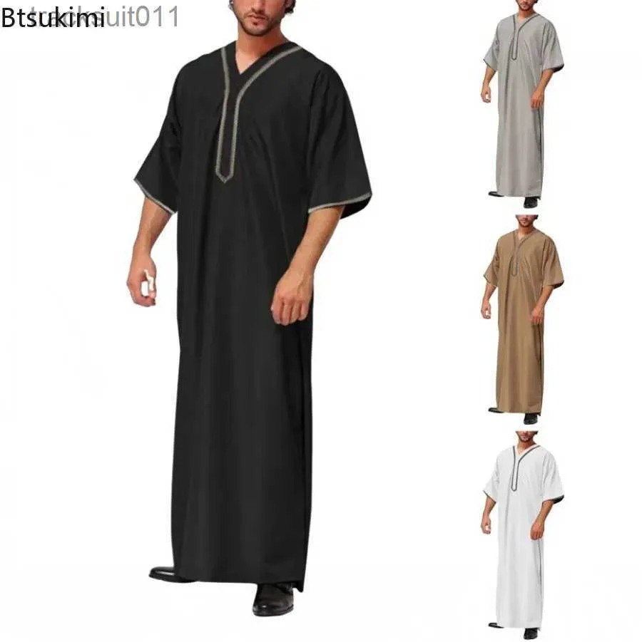 Herengewaden Heren Vintage Half Sle slanke Kaftan-gewaden Vrije tijd V-hals Gedrukt Jubba Thobe Effen Patchwork Arabische kleding Grote maten S-5XL L231130