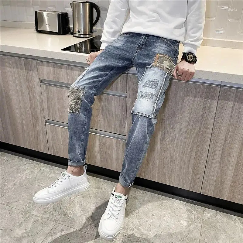 Men's Jeans Patchwork Tapered Trousers Straight Man Cowboy Pants Light Blue Y2k Vintage Summer Casual Clothes 2000s Cotton Retro