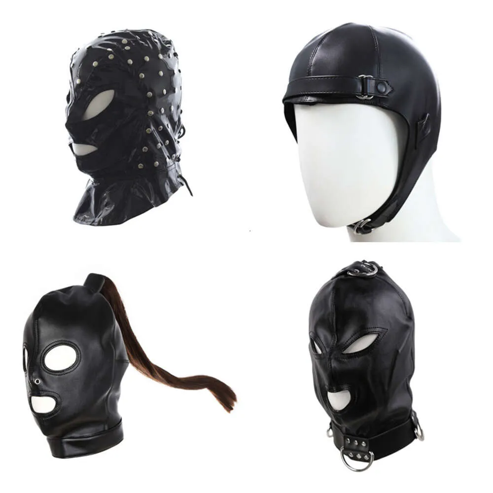 Massageproducten Exotische accessoires van SM Pu-leer Sexy bondagekap met zwart hoofd en open oogmond voor erotisch koppel Flirten Speelgoed Masker Cosplay