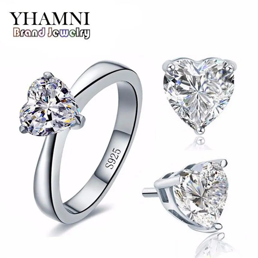 YHAMNI Original Bridal Wedding Jewelry Sets for Women Real 925 Sterling Silver Heart CZ Diamond Stud Earrings Ring Bridal Jewelry 248R