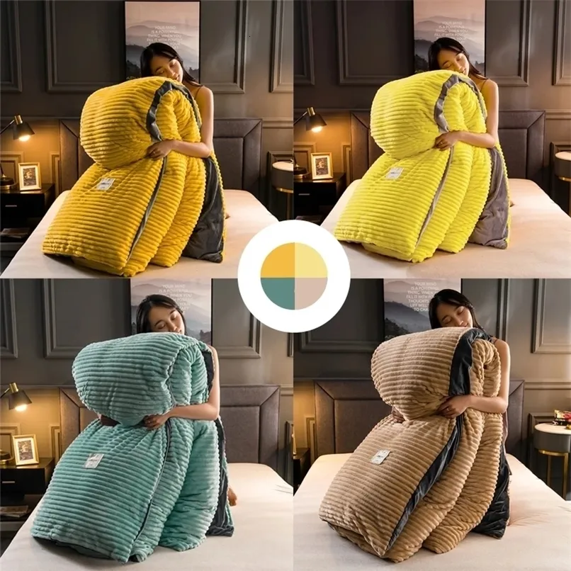 Set di biancheria da letto Inverno Morbido Caldo Giallo Double-sided Corallo Velluto Trapunta Copriletto Flanella Ispessimento Caldo Piumino Copripiumino 231129