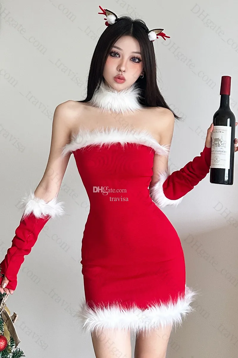 Christmas Costume Female Cosplay Sexy Pure Desire Party Uniforms New Year dress Christmas Stage Dresses Hanging Strap Wrapped Hip Skirt cosplay promdress cosplay