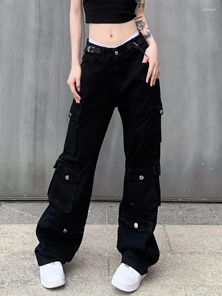 Damen Jeans Gothic Ästhetisch Damen Cargo Niedrige Taille Lässige Koreanische Mode Schwarze Jeanshose Y2k Hip Hop Streetwear Baggy Pant
