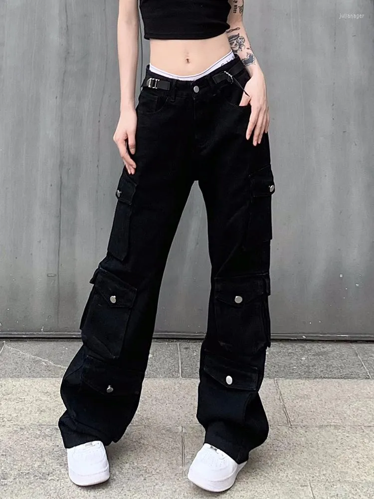 Jeans femininos godos estéticos cargo cargo baixa cintura casual moda coreana calça jeans preta y2k hip hop streetwear calça folgada calça