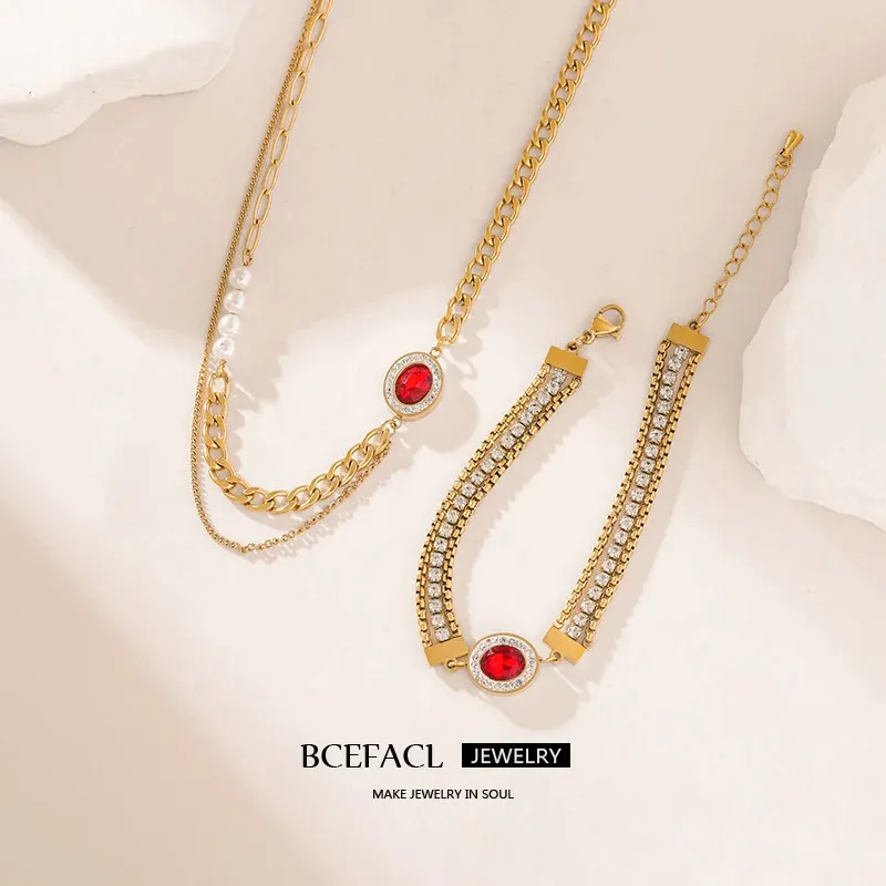 Zestawy biżuterii ślubnej BCEFACL 316L STAL STEAL STEAL owalny czerwony naszyjnik z cyrkonem