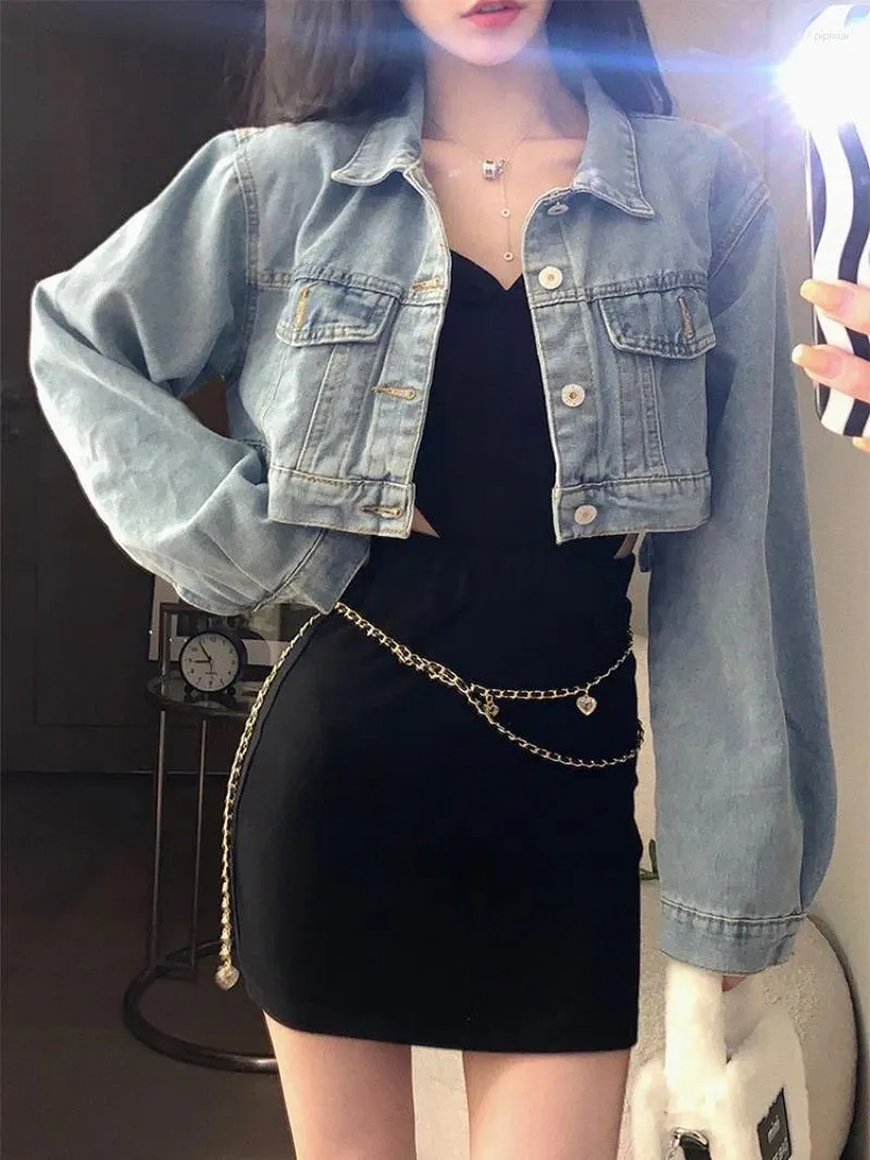 Women's Jackets Sexy Short Length Denim Blue Outerwear Long Sleeve Crop Tops Slim Fit Coats Y2k Streetwear Korean High Waist Women