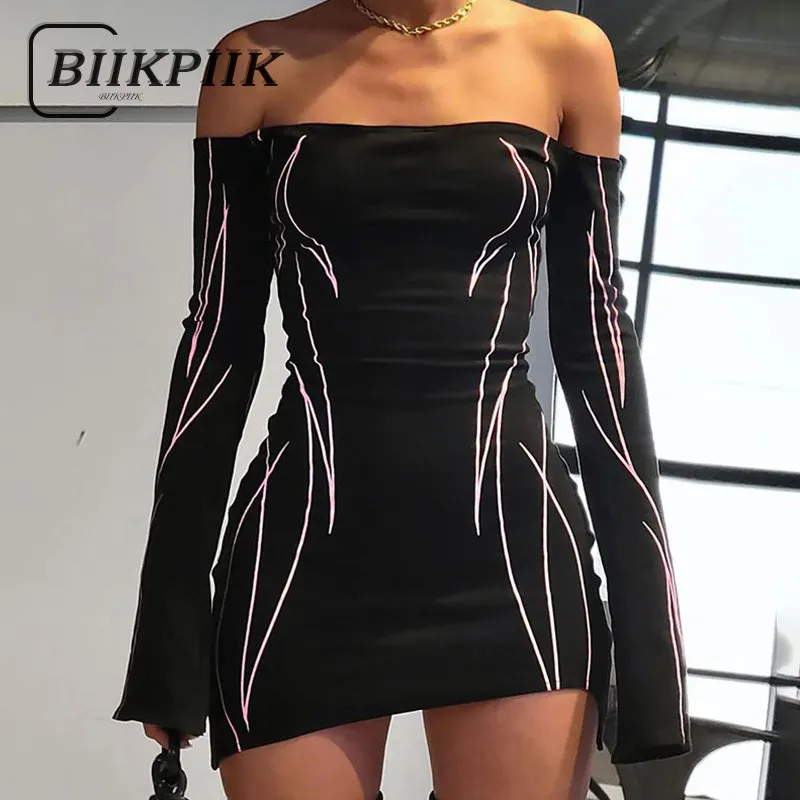 Robes de soirée BIIKPIIK Imprimé Sexy Mini Robe Biker Style À Manches Longues Body-shaping Élégant Pour Les Femmes Automne Mode Maigre Tenues 230428