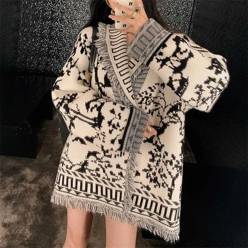 tassels jacquard sweater jacket for women's autumn new design sense niche lazy loose thickened long sleeved cardigan top