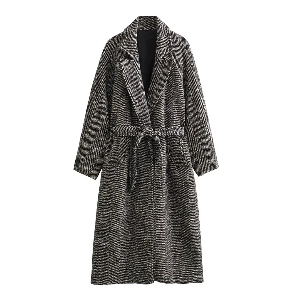 Женское полушерстяное пальто UNIZERA2023, зимнее повседневное саржевое пальто средней длины со свободным воротником, длинными рукавами и поясом, узором «елочка» 231129