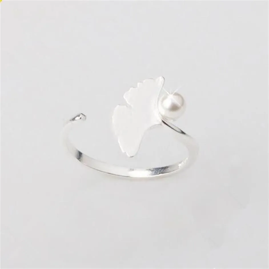 Anillo de dedo de la planta de hoja de ginkgo de plata de plata de la mujer