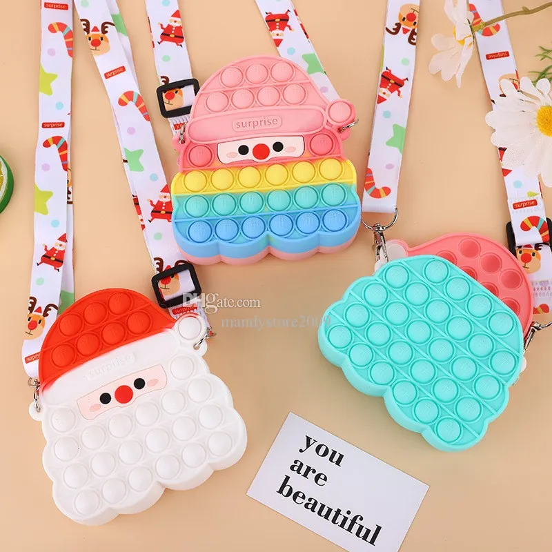 Cute Pop Bag Finger Girls Toys Santa Claus Push Bubbles Squeeze Toys Silicone Key Purse Bag Stress Relief Game Messenger Bag for Girls Christmas Gifts