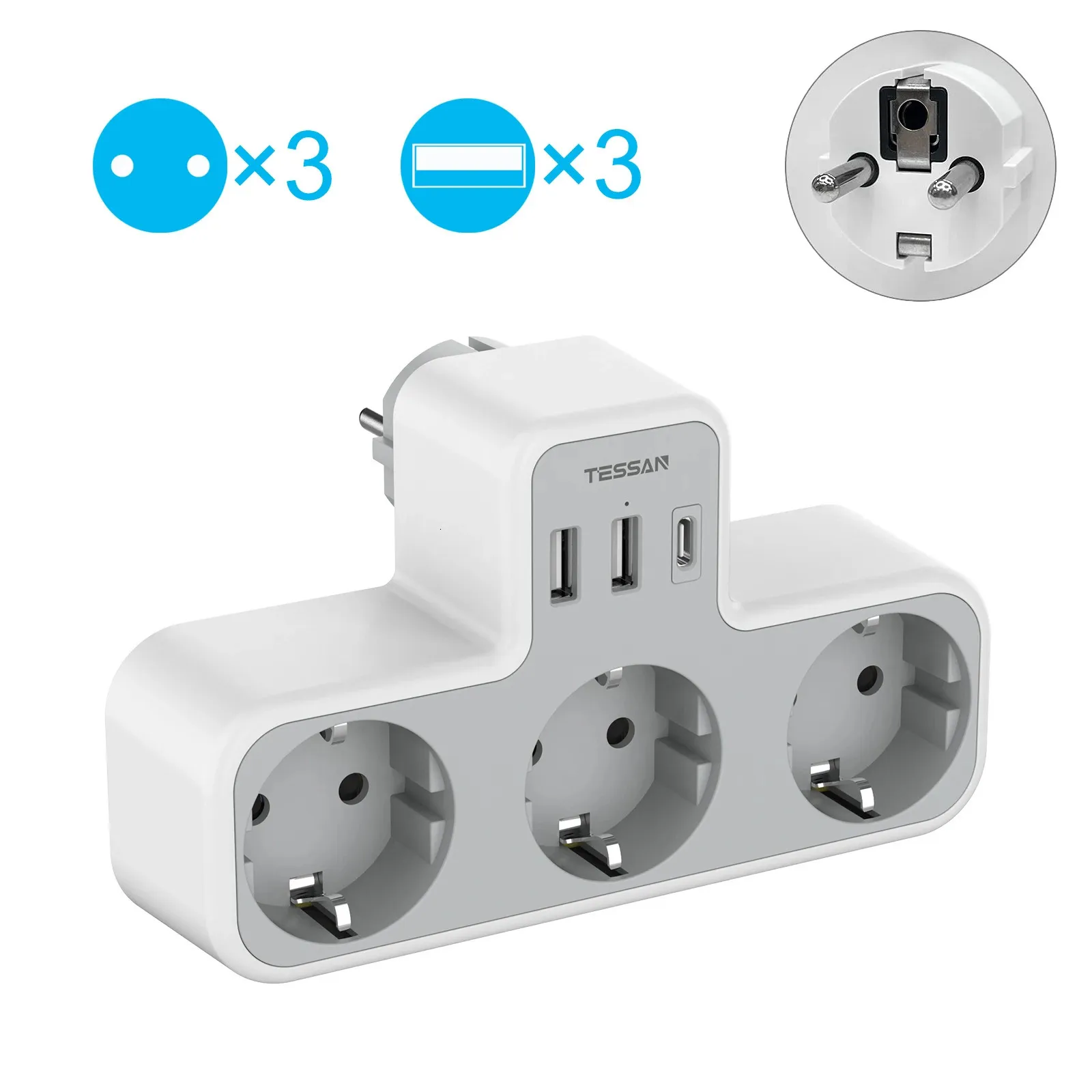 Cabos de extensão de réguas de energia Protetores contra surtos TESSAN EU Extensor de tomada de parede com 3 tomadas CA e portas USB 5V 24A Adaptador de tira Sobrecarga para HomeOffice 231130