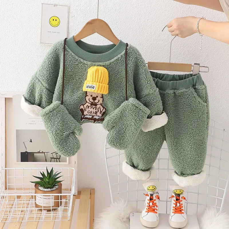 Conjuntos de ropa Otoño e invierno Bebé Granular Fleece Suéter Conjunto de manga larga para niños Little Bear Manga larga Felpa Cálida Dos piezas S 231129