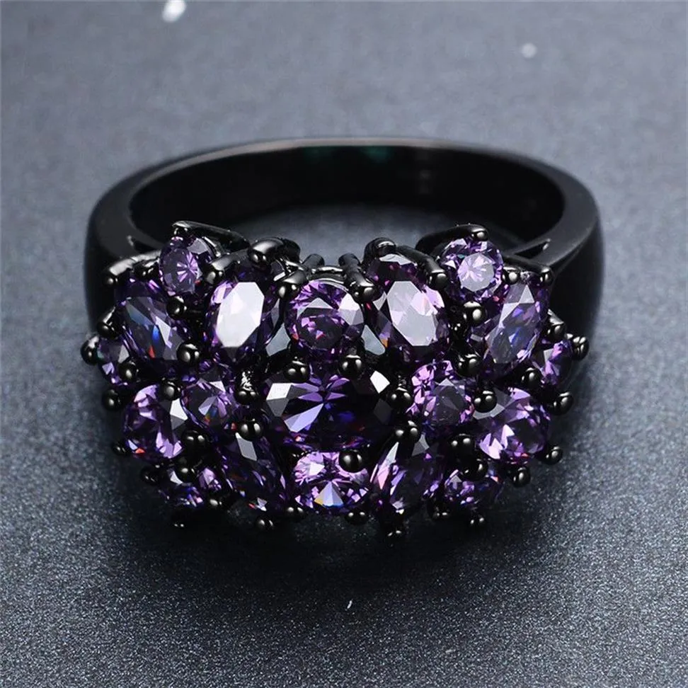 Liten Oval Purple Crystal Zircon Star Flower Rings for Women Men Vintage Black Gold Multicolor Stone Ring Female Wedding Jewelry239Q