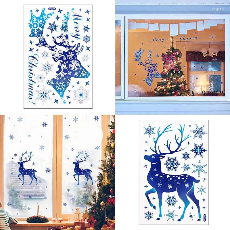 Pegatinas de pared, pegatina de cristal para ventana de Navidad, decoraciones navideñas de copos de nieve de alce para el hogar, calcomanías para habitación de niños, año Navidad