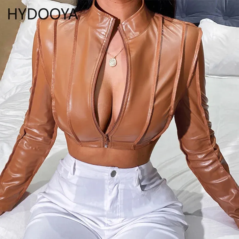 Womens Leather Faux Moto Biker Style Brown Pu Crop Jackets för kvinnor Bright Line Decoretetion Bandage Fashion Zipper Slim Outwears 231129