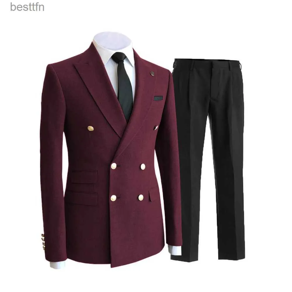 Męskie garnitury Blazery 2 sztuki garnitur męski 2023 Nowy podwójny piersi kurtka na notatkę Lapel Slim Fit Casual smoking na ślub (Blazer+Pants) L231130