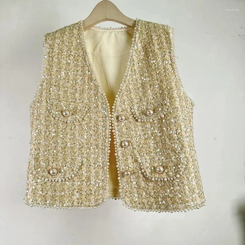 Gilets pour femmes Femmes Perle Col V Brillant Tweed Gilet Paillettes Haute Qualité Or Rose Mode Doux Parfum Sans Manches Femme Manteau