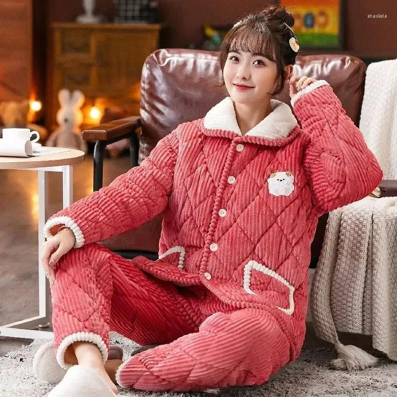 Indumenti da notte da donna Abito invernale da donna per la casa Tre strati spessi Flanella di cotone Camicia da notte in peluche Taglia grande Carino Velluto corallo Completo da casa