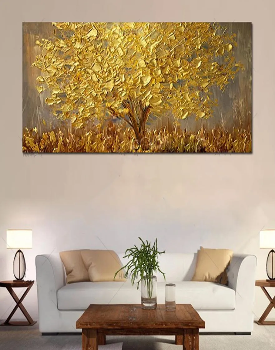 Grand couteau peint à la main arbres peinture à l'huile sur toile palette peintures jaune doré moderne abstrait mur art photos décor à la maison 1382432