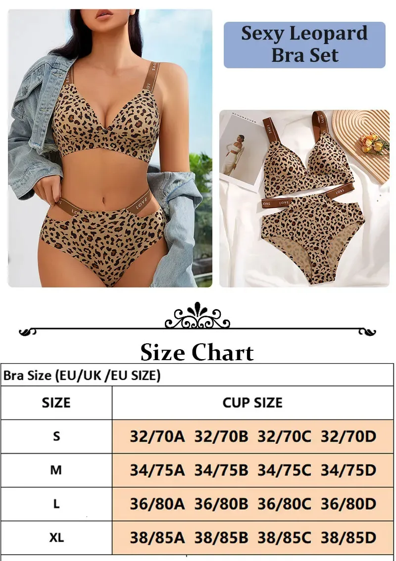 Leopard Print V Neck Bra And Brief Set Back Sexy Seamless