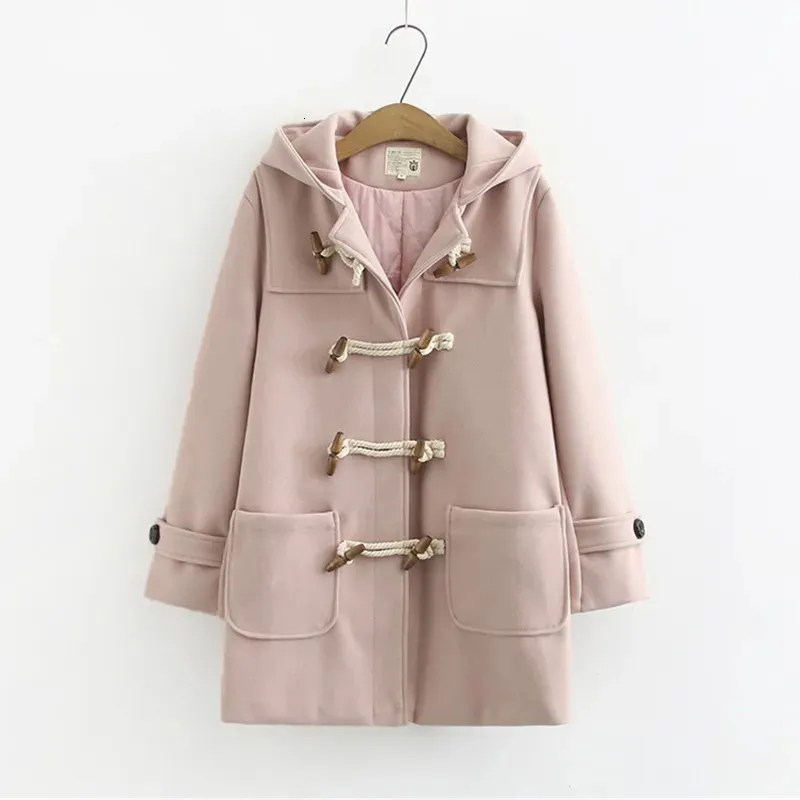 Women's Wool Blends Double Row Horn Buckle Coat Hooded Women Autumn Clothing Winter Casual Solid Thicken Button Jacket College Style 2023 Dropship 231129