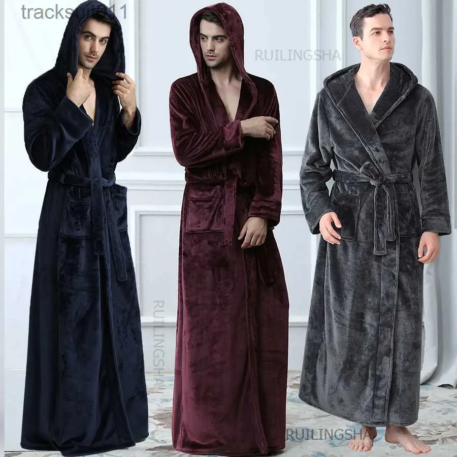 Men's Robes Hommes à capuche Extra Long peignoir thermique grande taille hiver flanelle épaississement chaud Kimono Robe de bain Robe de chambre hommes Robes L231130