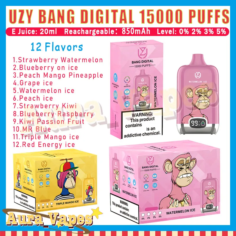 Original UZY Bang Digital 15000 Puff jetable Vape Pen 20ml Pod Mesh Coil 850mAh Batterie Dispositif Gros Vape Puffs 15000 Cigarette électronique