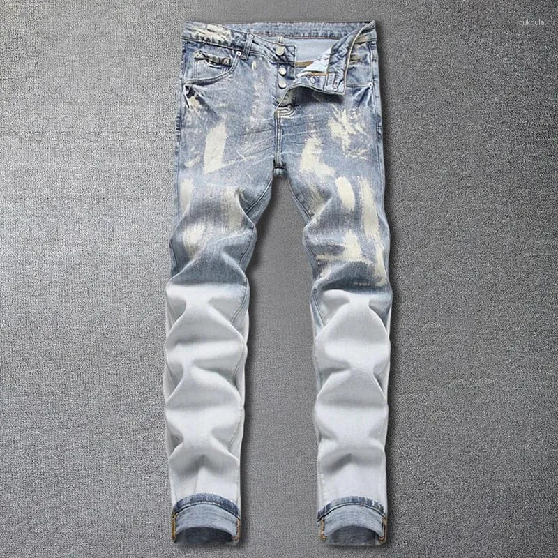 Jeans pour hommes 2023 Hommes Stretch Slim Jean Bleu Hip Hop Peinture Jet d'encre Blanc Skinny Fit Mode High Street Homme