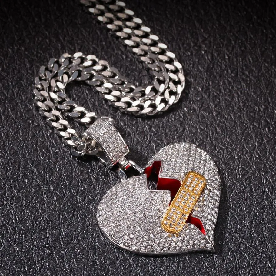 Nouveau Hip Hop glacé plein diamant pansement pendentif déchirant coeur brisé collier en alliage OK Stretch amour PendanH320T