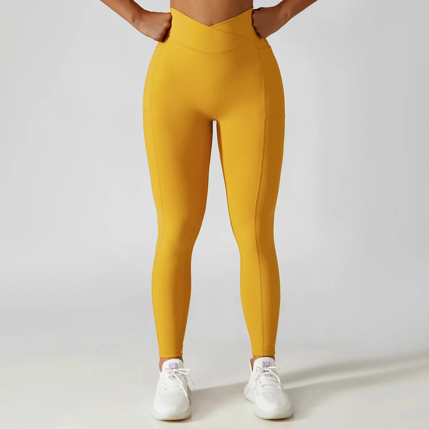 Yoga Outfit Solid Color Ribbed Yoga Pants Women Pockets Crossover High Waist  Fitness Leggings Sexy Butt LIft Workout Running Tights 231130 From 11,39 €