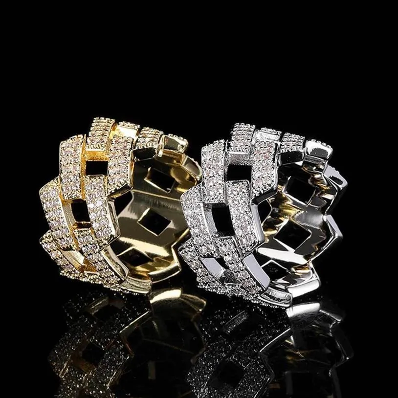 Com pedras laterais anéis masculinos 14mm diamante cubano hiphop anel jóias zircão 18k chapeamento de ouro personalidade design casal marca de moda 208u