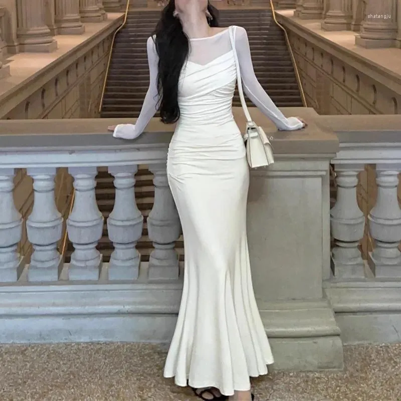 Casual Dresses French Elegant Women White Mermaid Dress Fashion Patchwork Slim Knitted Bodycon Vestidos Autumn Vintage Prom Maxi Robe Q456