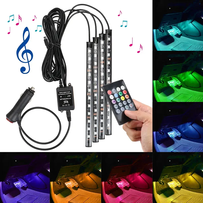 4 In 1 Car Inside Atmosphere Lamp 48 Led Interior Decoration Lighting Rgb 16-color Wireless Remote Control 5050 Chip 12v Charge Charming with retail box wholesale