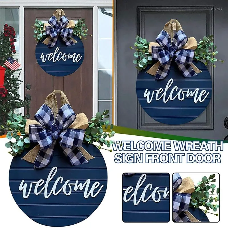 Flores decorativas 12 polegadas Welcome Wreath for Front Door Round Wood Solfing Sign com fita arco de fita Artificial Folhas Fazenda