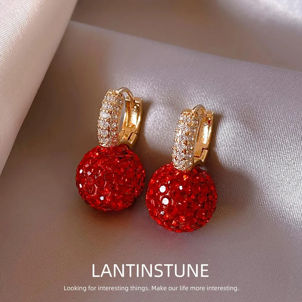 Encanto de lujo rojo circón ajuste bola cuelga pendientes para las mujeres exquisito color oro en forma de U pendiente de gota de cristal joyería de fiesta N508 231129