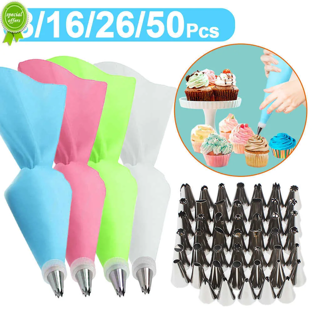 Novo saco de pastelaria de silicone de 16/08/26 Dicas de cozinha Diy Bolo de cobertura de cobertura de gelo Decorar Saco de confeiteiro reutilizável+bico inoxidável