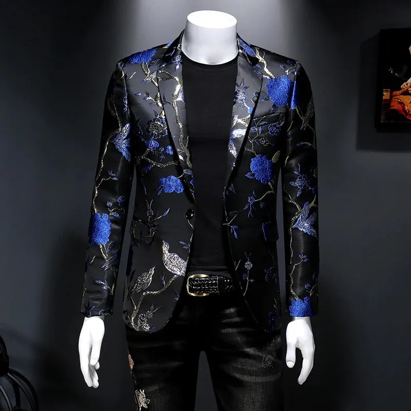 Męskie garnitury Blazery Vintage luksusowe Jacquard Blazers Men Flower Slim Fit Blazer Jacket Hommes Wedding Club Stroj
