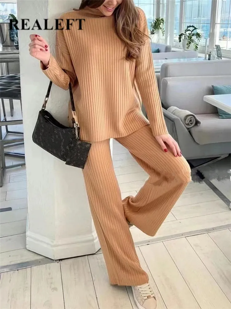 Womens Two Piece Pants Realeft Autumn and Winter Twopiece Womens Clothing Set Sticked Track Half Necked tröja Wide Leg Jogging Pants 231129