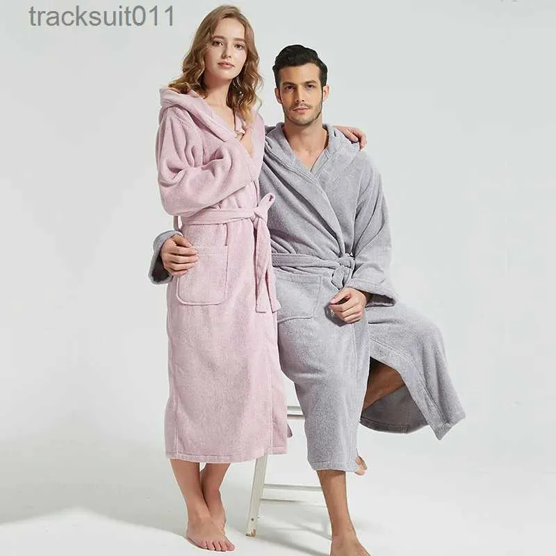 Men's Robes Men Bathrobe Hooded 100% Cotton Thick Warm Towel Fleece Cotton Dressing Gowns Long Bath Robe Hotel Spa Soft Bridesmaid Robe L231130