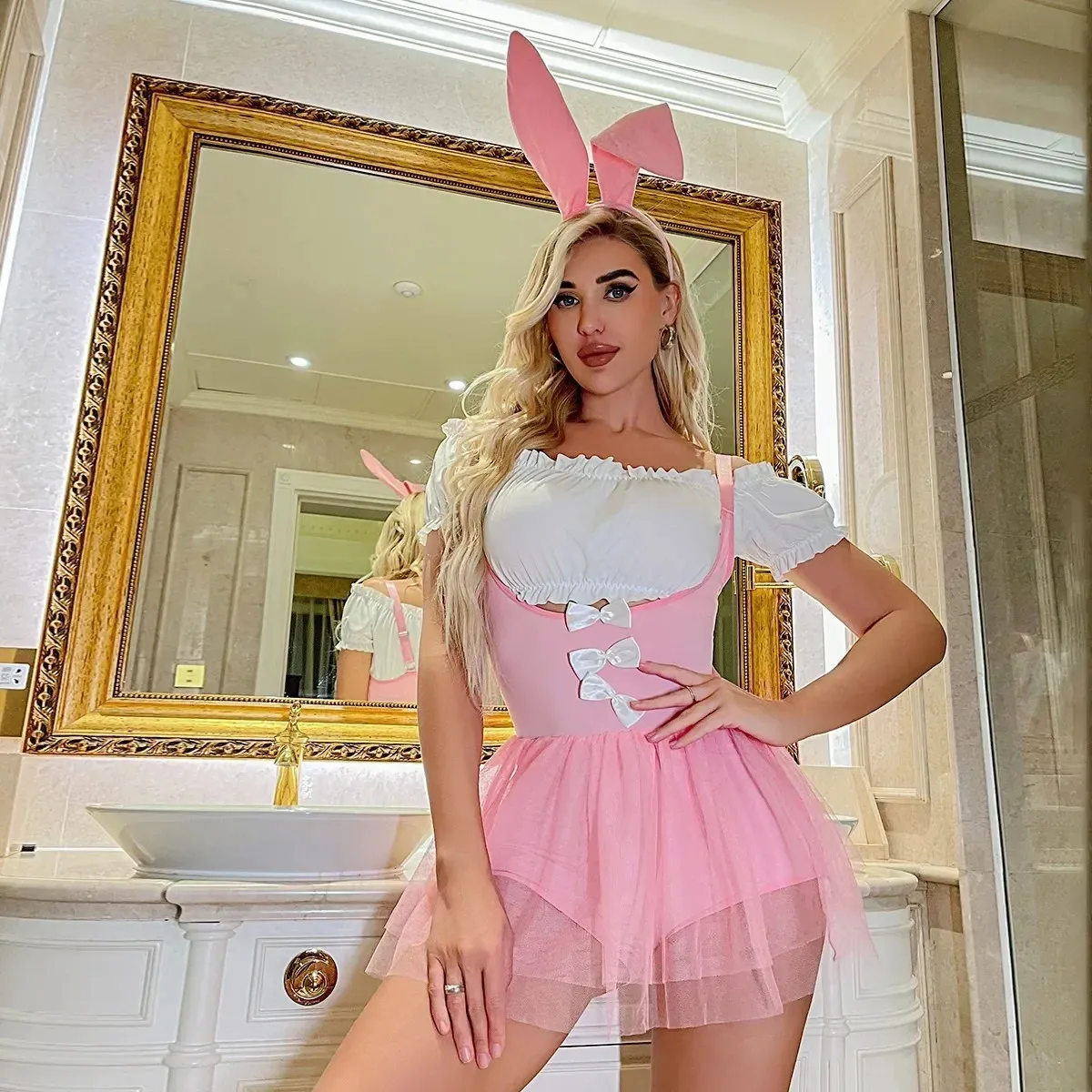 pink Fluffy Bow Girl pink matching underwear set with Playful Temptation Bunny - 231130