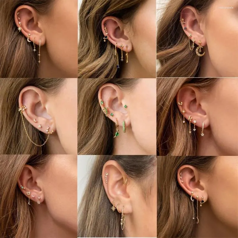 Boucles d'oreilles 1set Fashion Star Moon 925 Aiguille en argent pour les femmes Couleur Or Minuscule Cristal Boucle d'oreille en acier inoxydable Piercing Bijoux