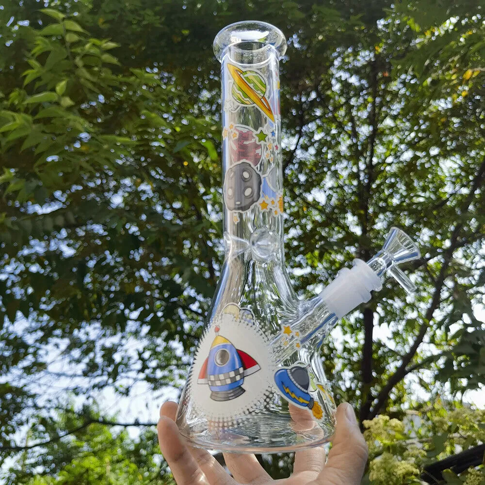 10 inch Glow In The Dark Hookah Glass Water Pipe Bong Astronaut Printed Aviation Elements with 14mm Bowls