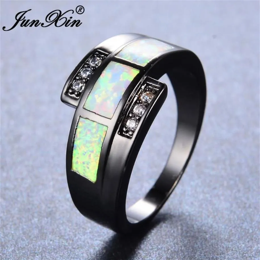 Anneaux de mariage JUNXIN White Fire Opal Ring avec Zircon Vintage Black Gold Rempli Bijoux pour hommes et femmes Cadeau de Noël 281J