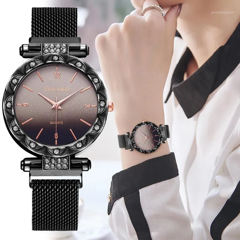 Montres-bracelets de haute qualité horloge YOLAKO Quartz en acier inoxydable bande femmes aimant boucle dégradé couleur montre-bracelet cadeau livraison directe # 9